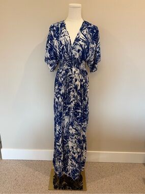 lovestitch Blue & White Botanical Print V-Neck Maxi Dress Swim Cover-up